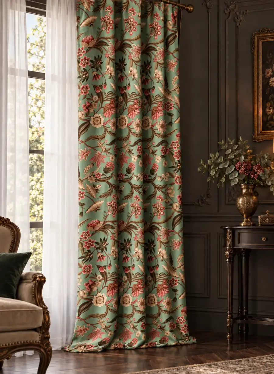 Мятно-бирюзовые шторы с коралловыми цветами в интерьере - Floral Atelier, бархатные шторы
